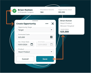 A sales app's Create Opportunity form, with the opportunity's stage, estimated sales, close date and product.